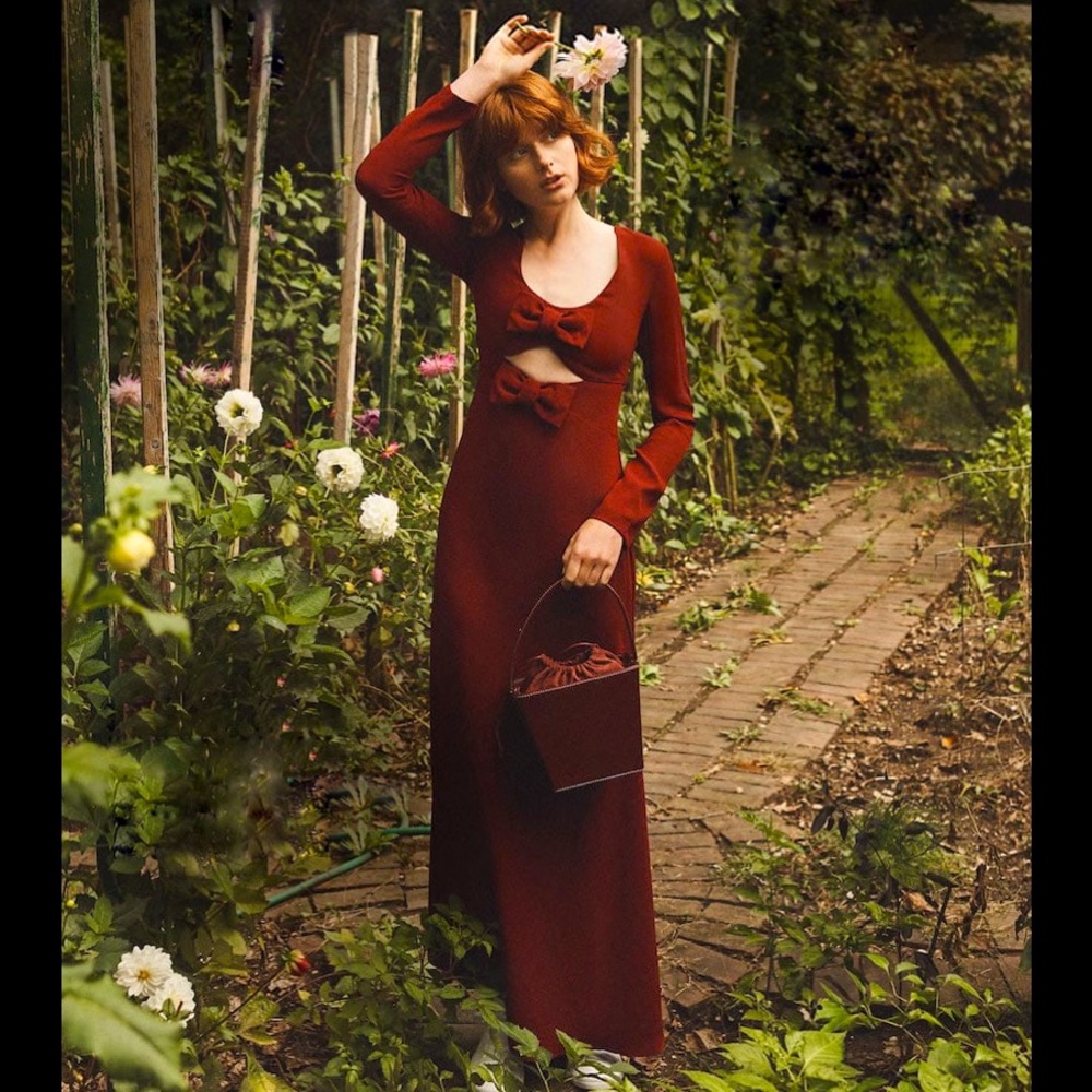 🤍 STAUD Lido Wine Red Bow Detail LIDO Maxi Gown Dress sz 6